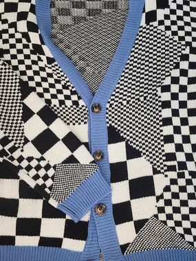 🔥 ROUGH Los Angeles Patchwork Checkerboard Cardigan Grandpa Streetwear Y2K
